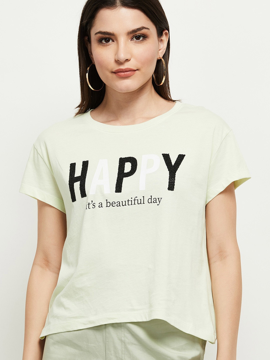 

max Women Green Typography Printed T-shirt