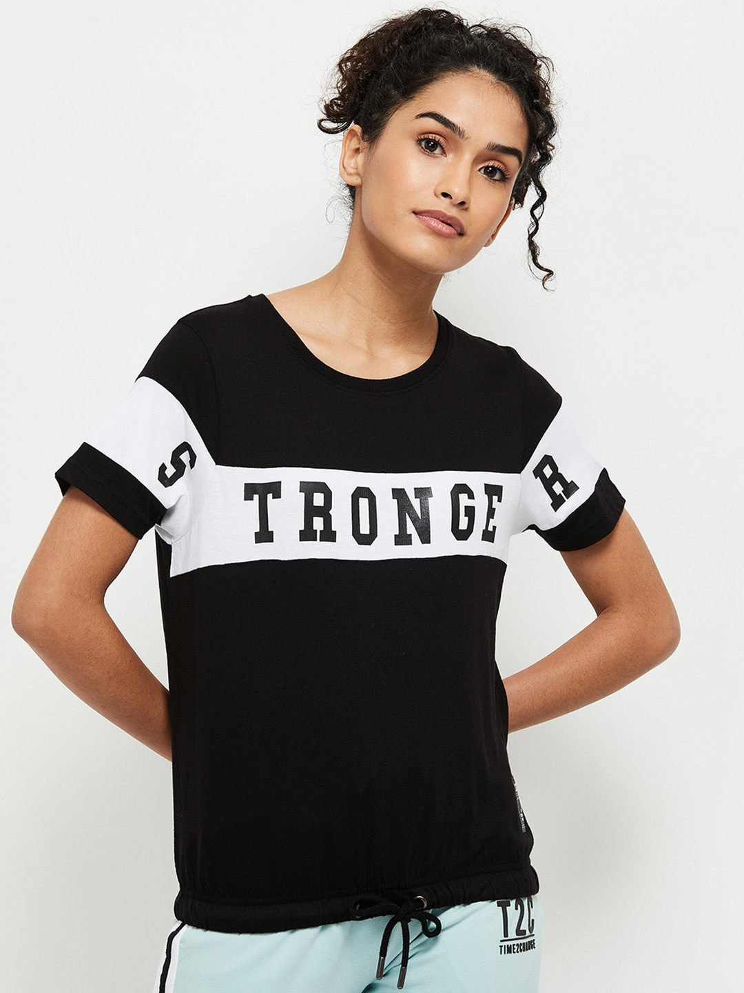 

max Women Black & White Typography Printed T-shirt