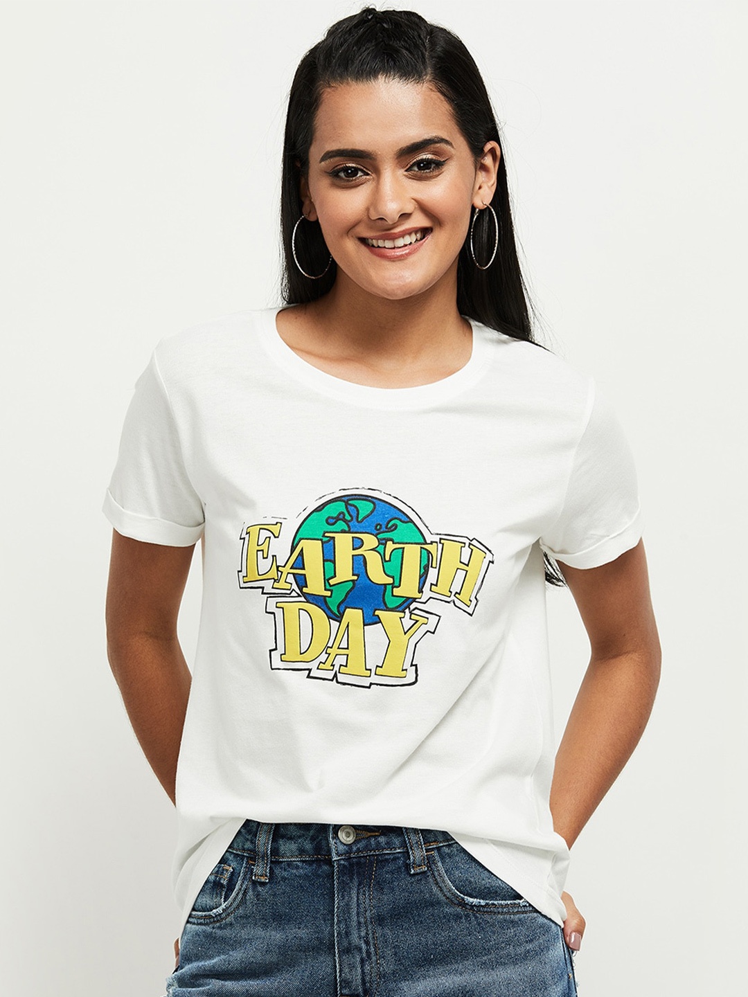 

max Women White Round Neck Cotton Printed T-shirt