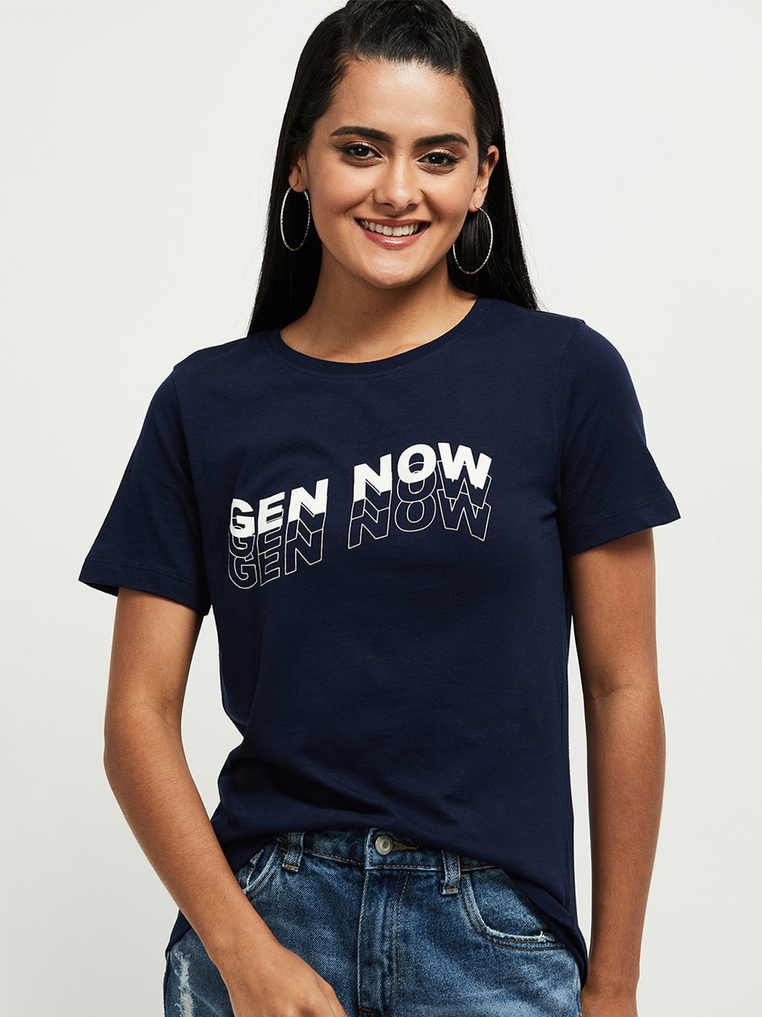 

max Women Navy Blue Typography Print Round Neck T-shirt
