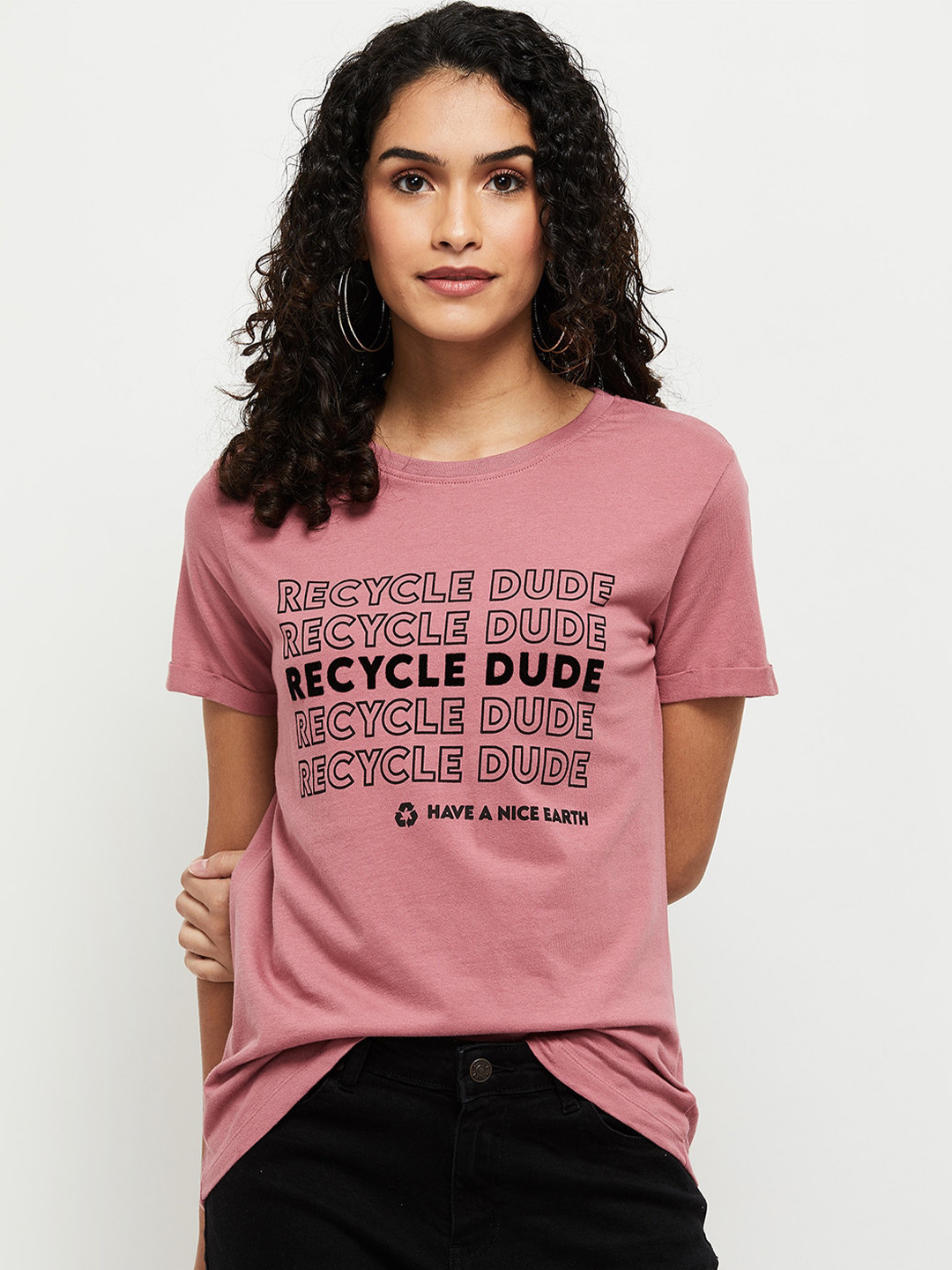 

max Women Pink Typography Printed T-shirt