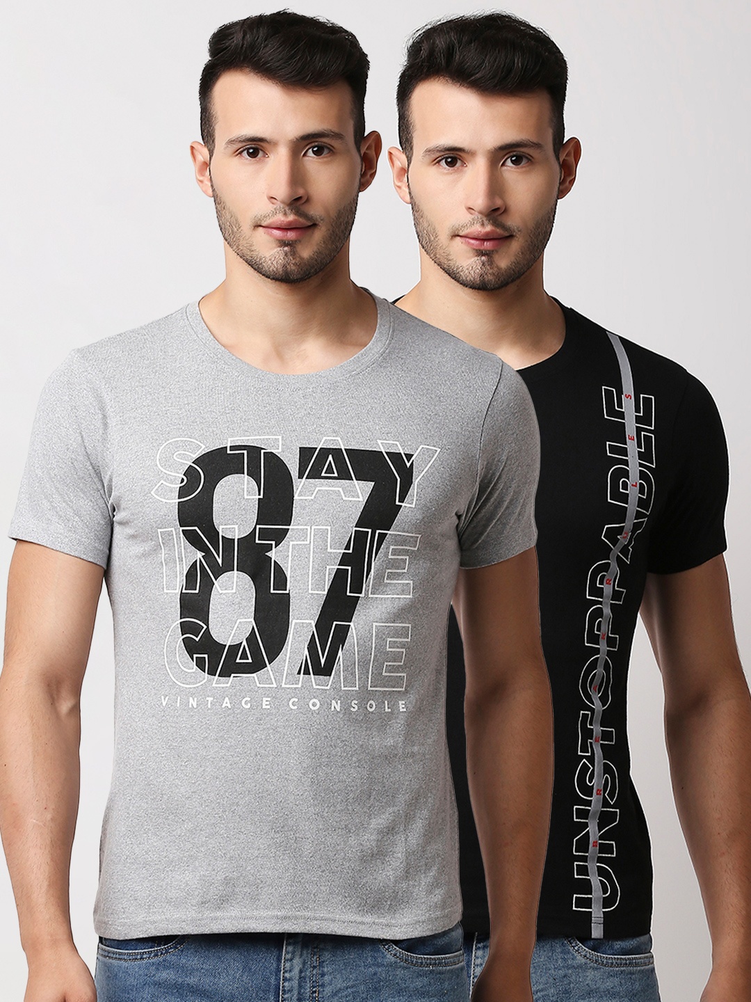 

Hubberholme Men Grey & Black Pack Of 2 Typography Printed T-shirts