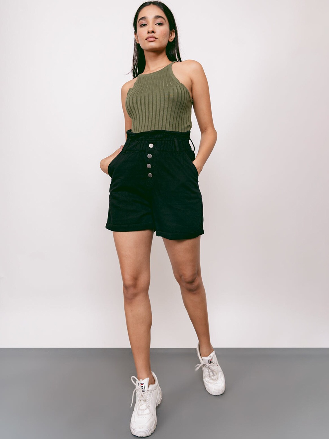 

FREAKINS Women Black Solid High-rise Shorts