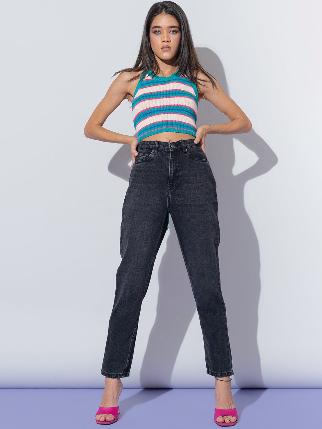 

FREAKINS Women Black High-Rise Mom Fit Clean Look Casual Jeans