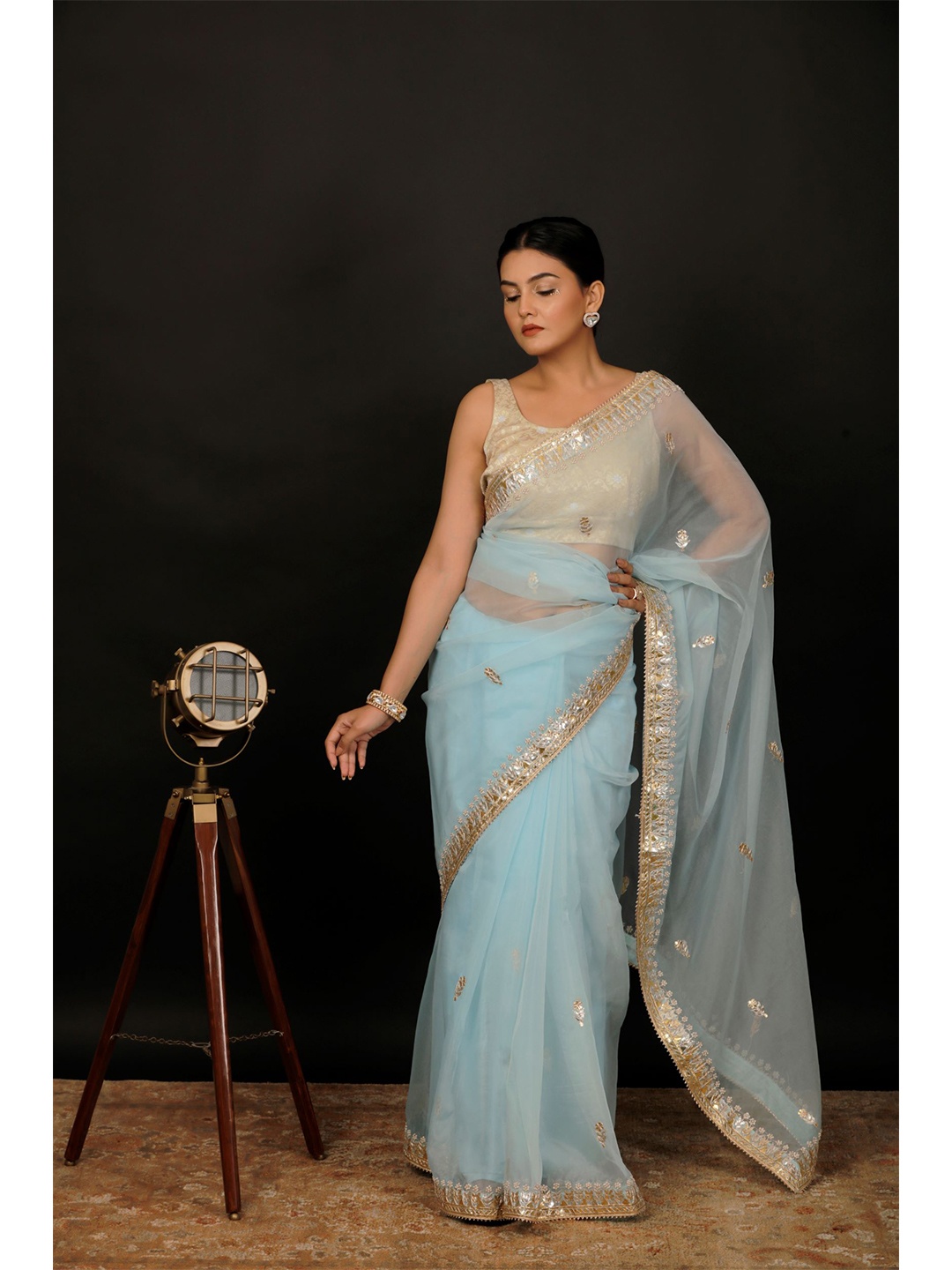 

Geroo Jaipur Blue Handcrafted Gota Patti Organza Saree