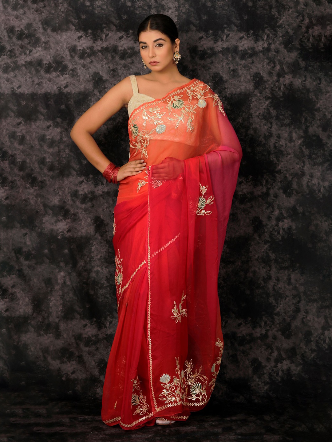 

Geroo Jaipur Shaded Handcrafted Gota Patti Chiffon Saree, Magenta