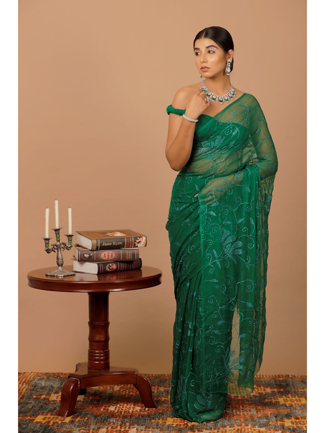 

Geroo Jaipur Green Handcrafted Sequins Work Chiffon Saree