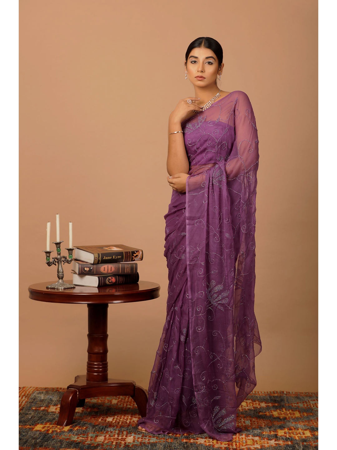 

Geroo Jaipur Purple Floral Sequinned Pure Chiffon Heavy Work Saree