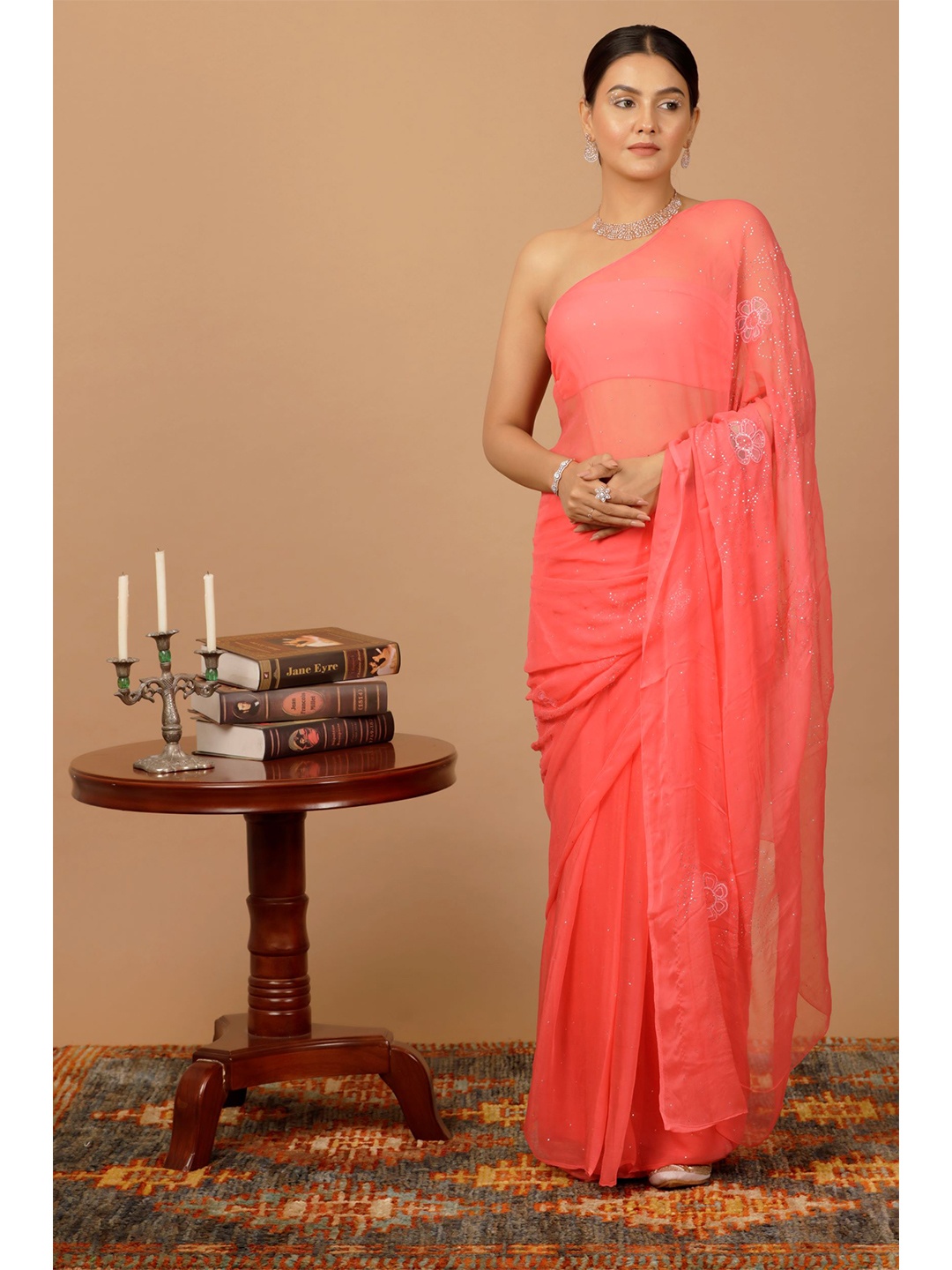

Geroo Jaipur Pink & White Floral Mukaish Pure Chiffon Heavy Work Saree