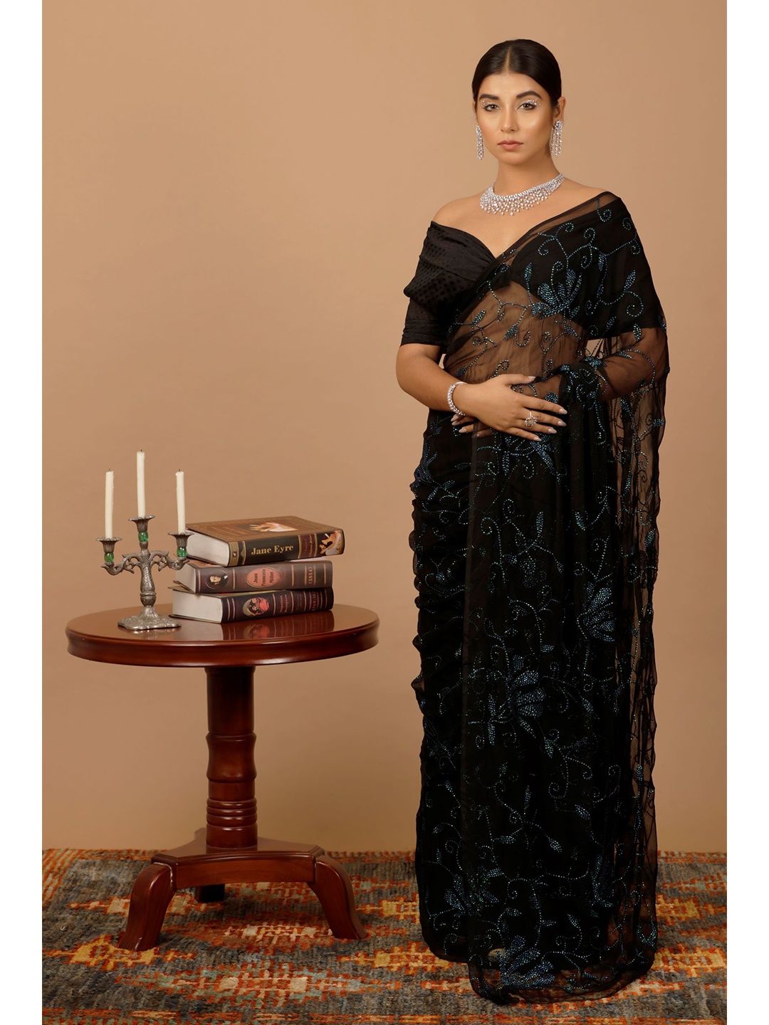 

Geroo Jaipur Black & Blue Floral Sequinned Pure Chiffon Heavy Work Saree