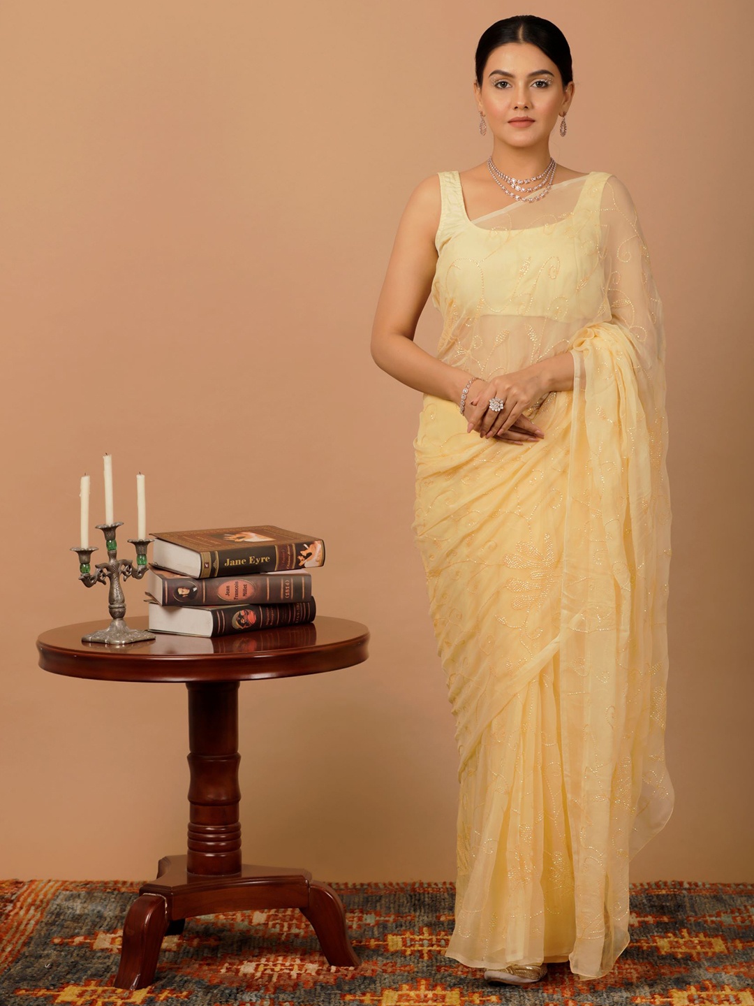 

Geroo Jaipur Beige Floral Sequinned Pure Chiffon Heavy Work Saree