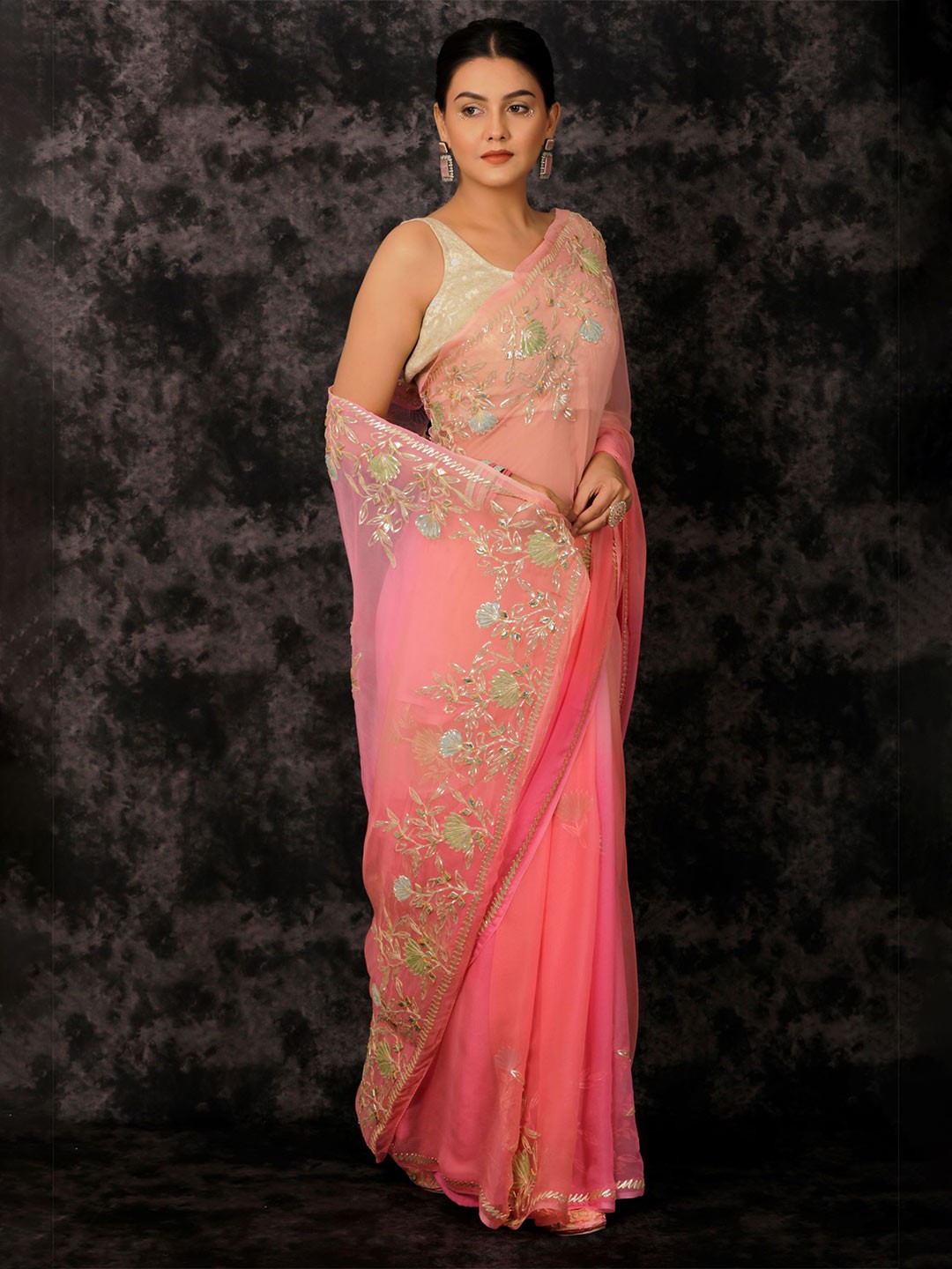 

Geroo Jaipur Shaded Handcrafted Gota Patti Chiffon Saree, Pink