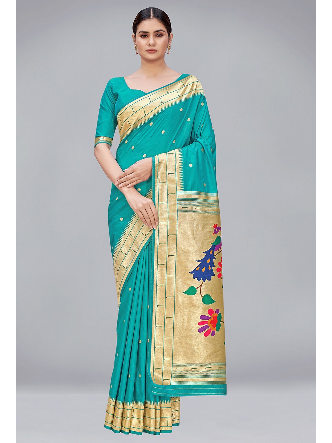 

MONJOLIKA FASHION Teal & Blue Woven Design Zari Silk Blend Paithani Saree