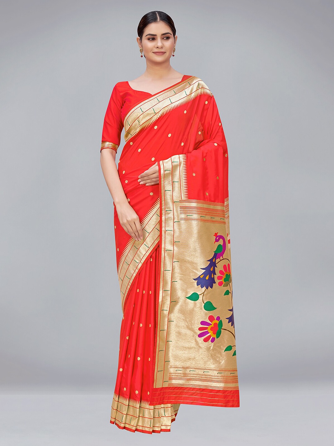 

MONJOLIKA FASHION Red & Gold-Toned Woven Design Zari Silk Paithani Saree