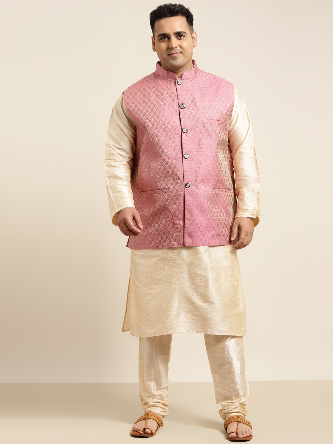 

SOJANYA PLUS Men Plus Size Beige Solid Kurta & Churidar Comes With a Nehru Jacket