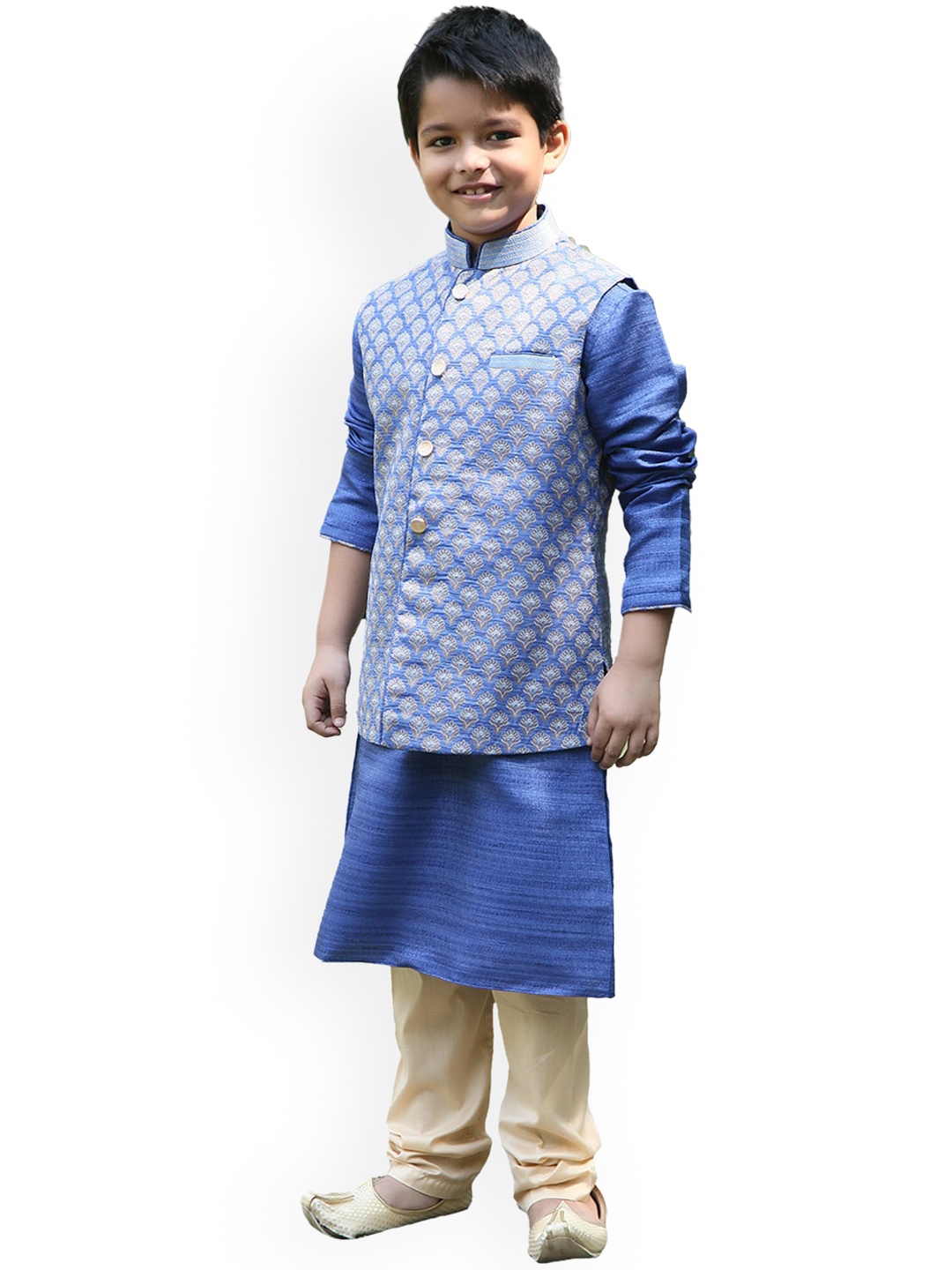 

Manyavar Boys Blue Printed Kurta with Pyjamas & Nehru Jacket