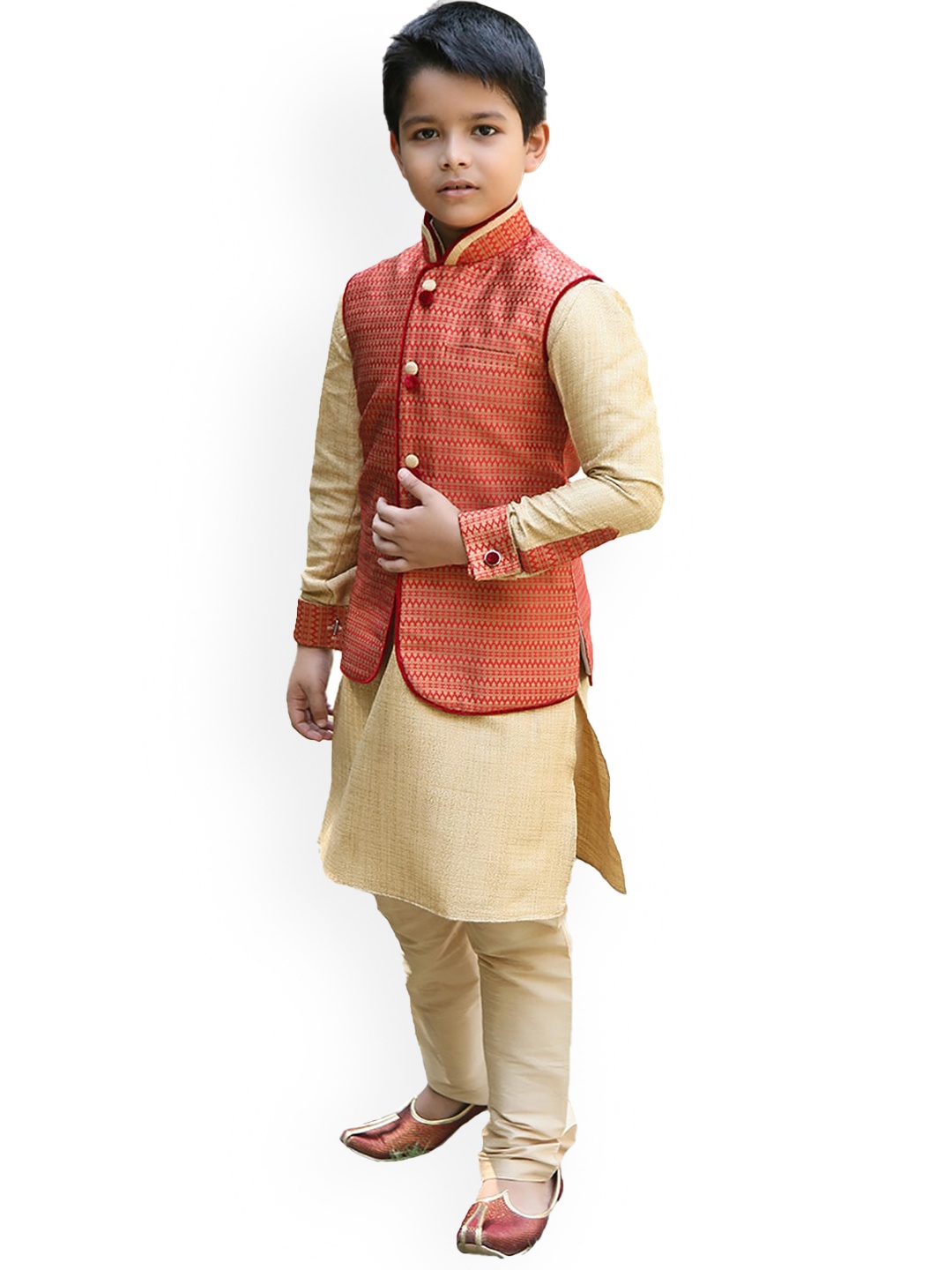 

Manyavar Boys Self Design Kurta With Churidar & Nehru Jacket, Red
