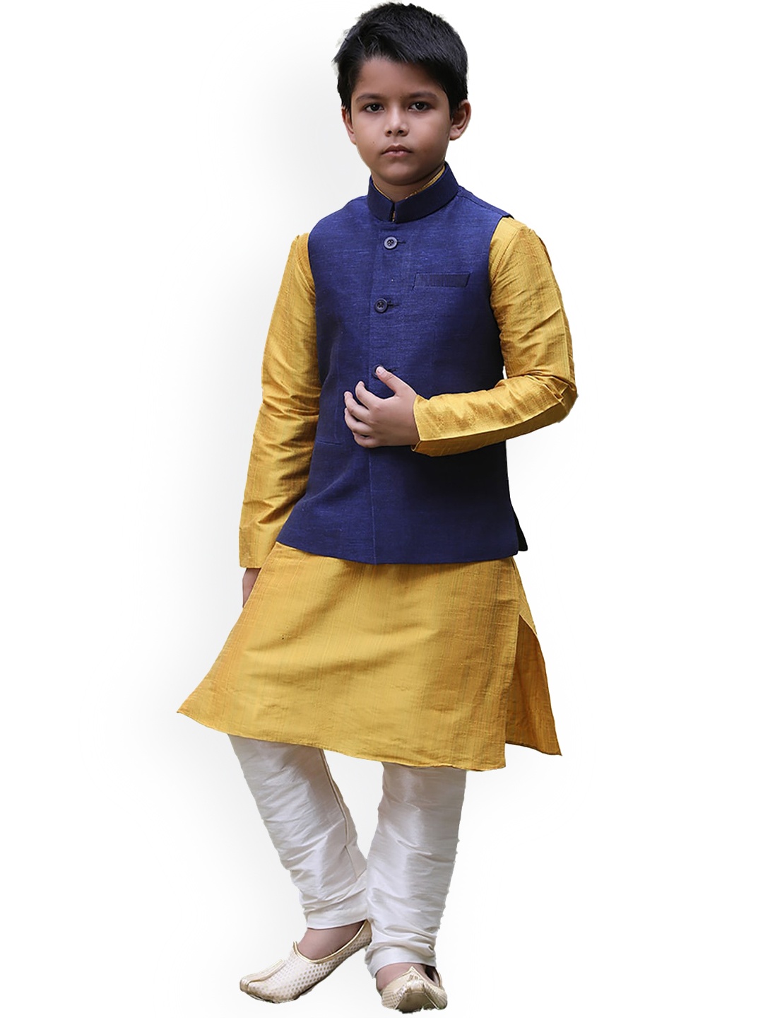 

Manyavar Boys Kurta with Churidar & Nehru Jacket, Gold