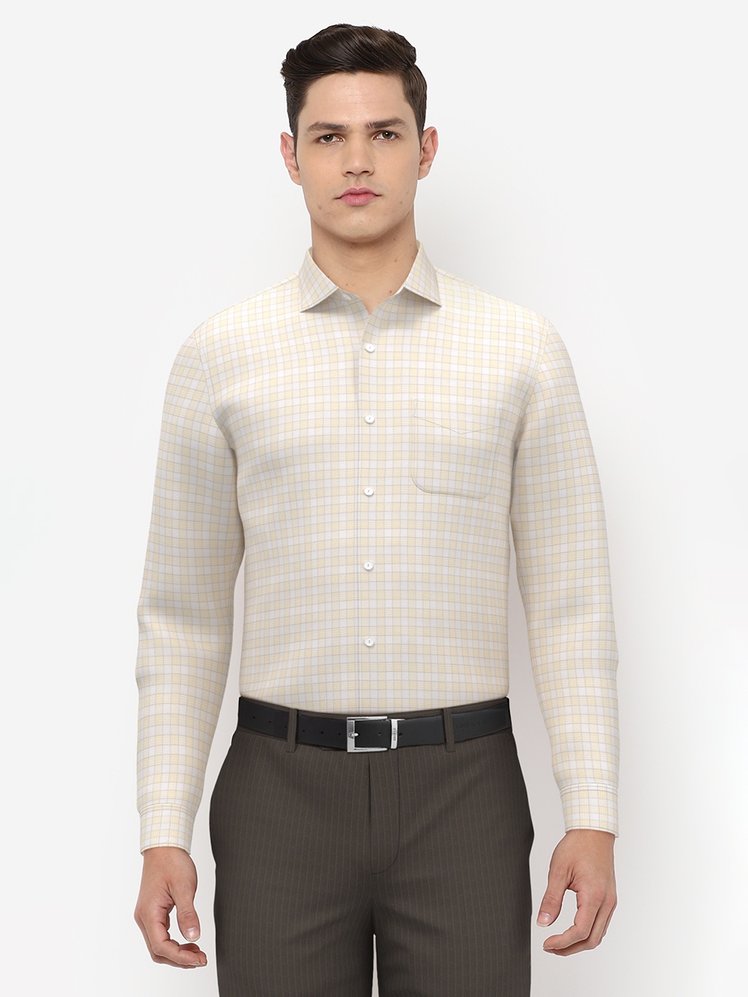 

Peter England Elite Men Cream-Coloured Slim Fit Grid Tattersall Checks Checked Formal Shirt