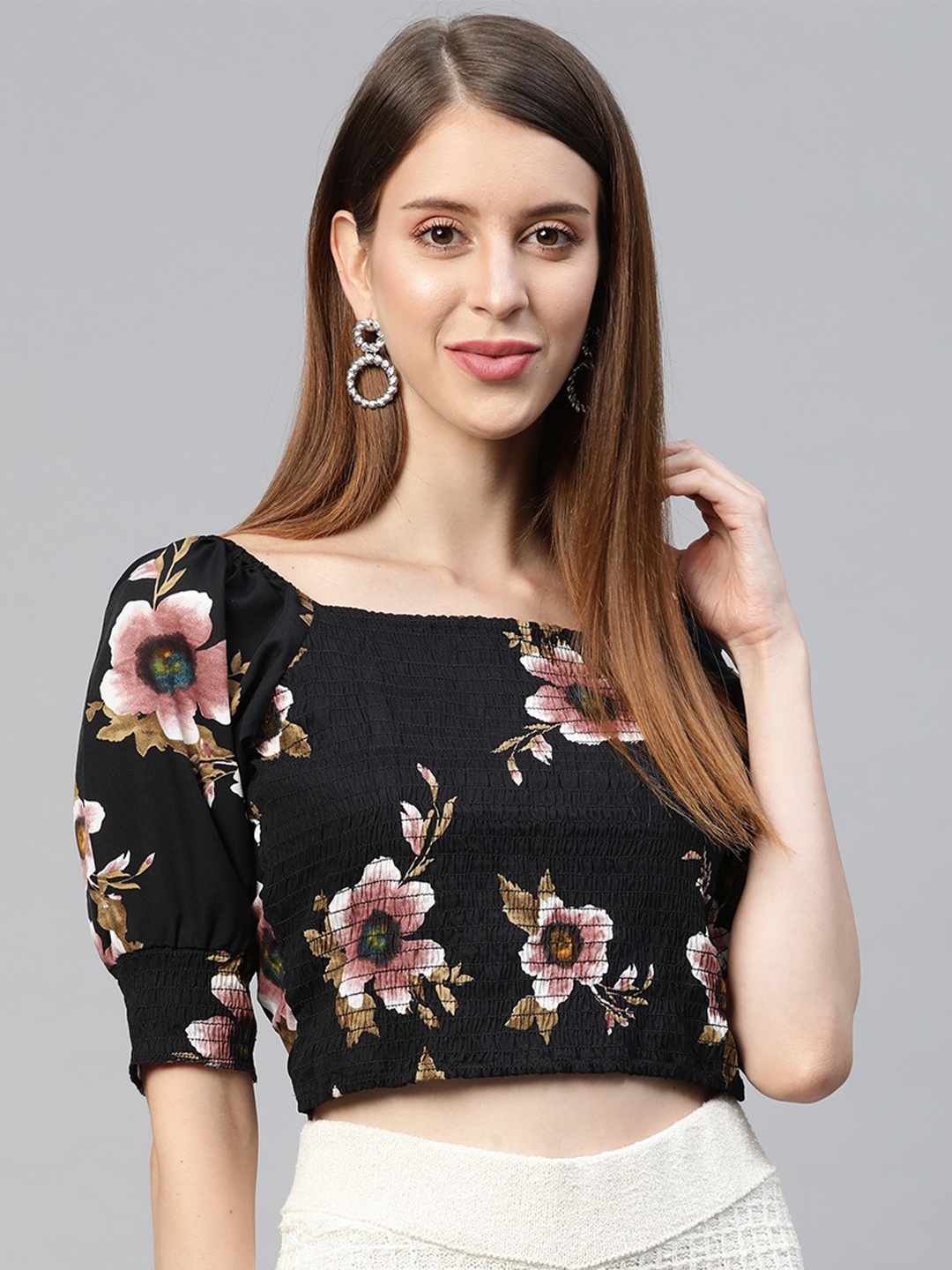 

SIRIKIT Black Floral Print Smocked Crepe Crop Top