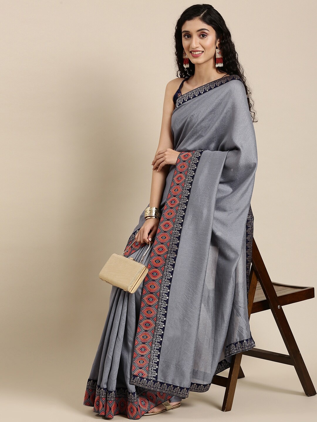 

Mitera Grey & Red Silk Blend Saree