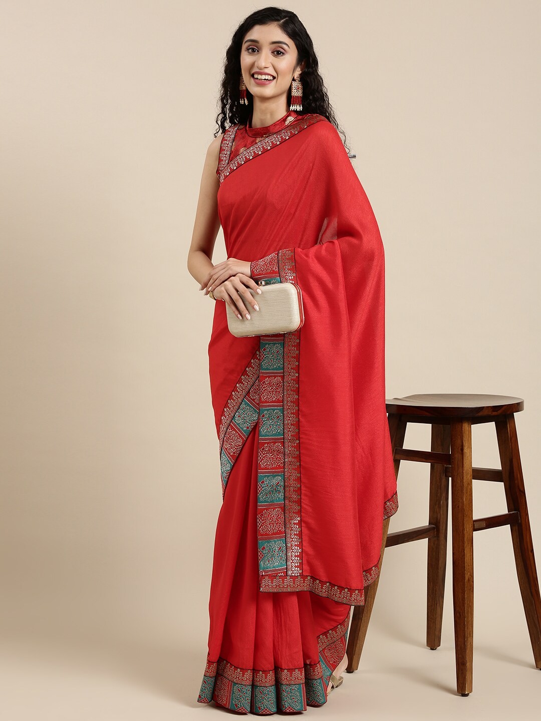

Mitera Red & Blue Silk Blend Saree