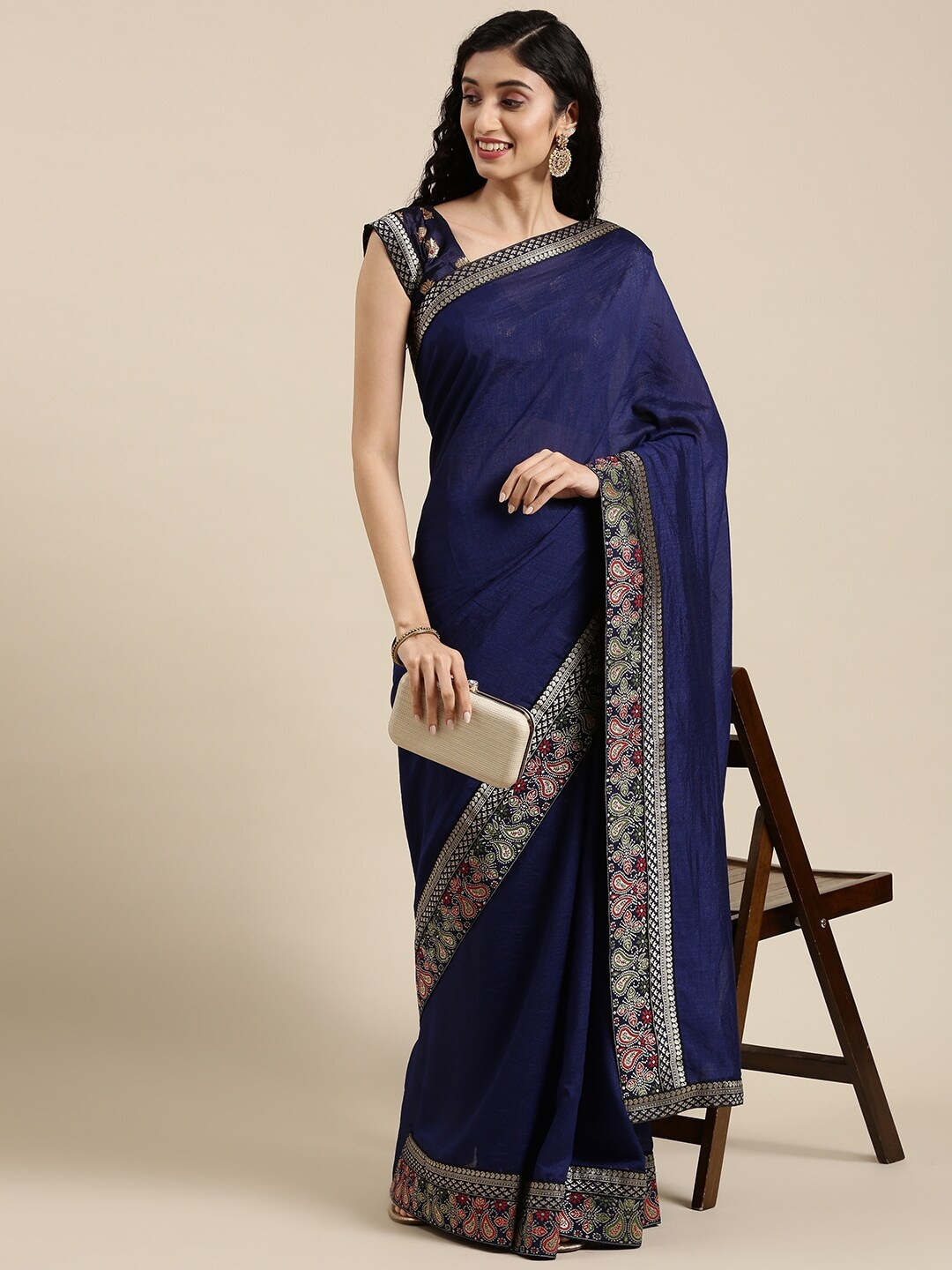 

Mitera Navy Blue & Red Silk Blend Saree