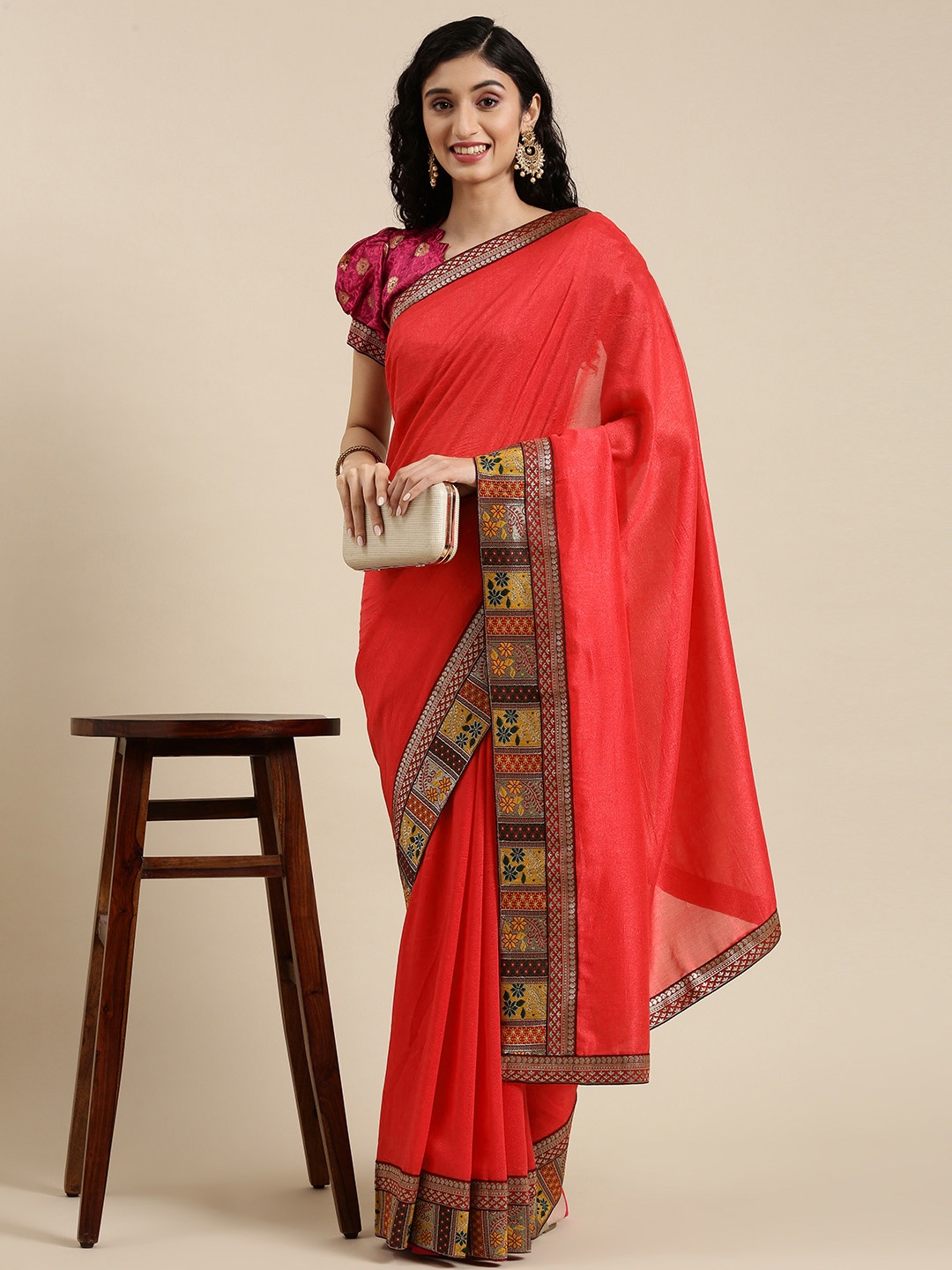 

Mitera Coral & Yellow Silk Blend Saree