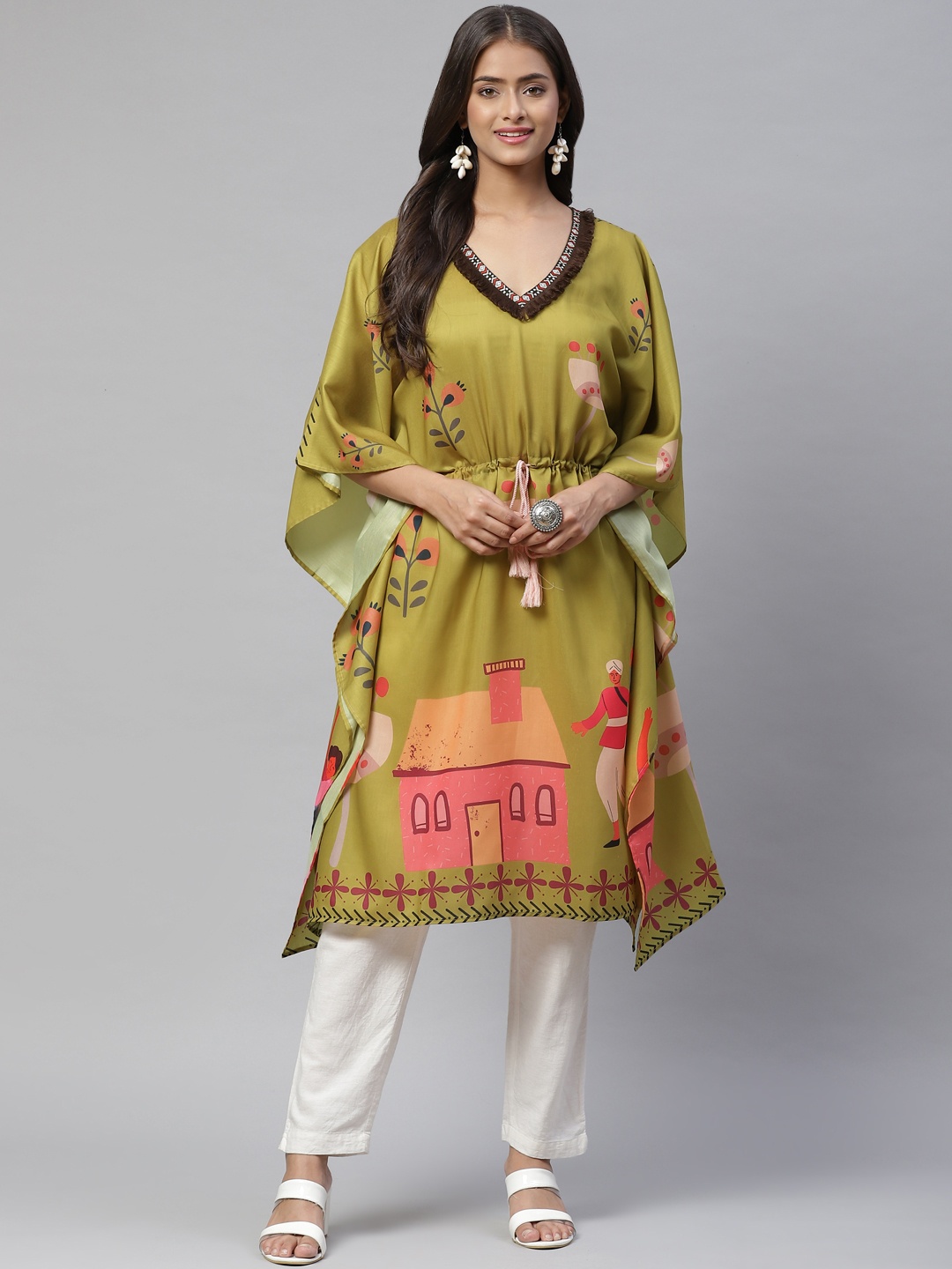 

YELLOW PARROT Women Olive Green & Peach-Coloured Ethnic Motifs Printed Flared Sleeves Kaftan Kurta