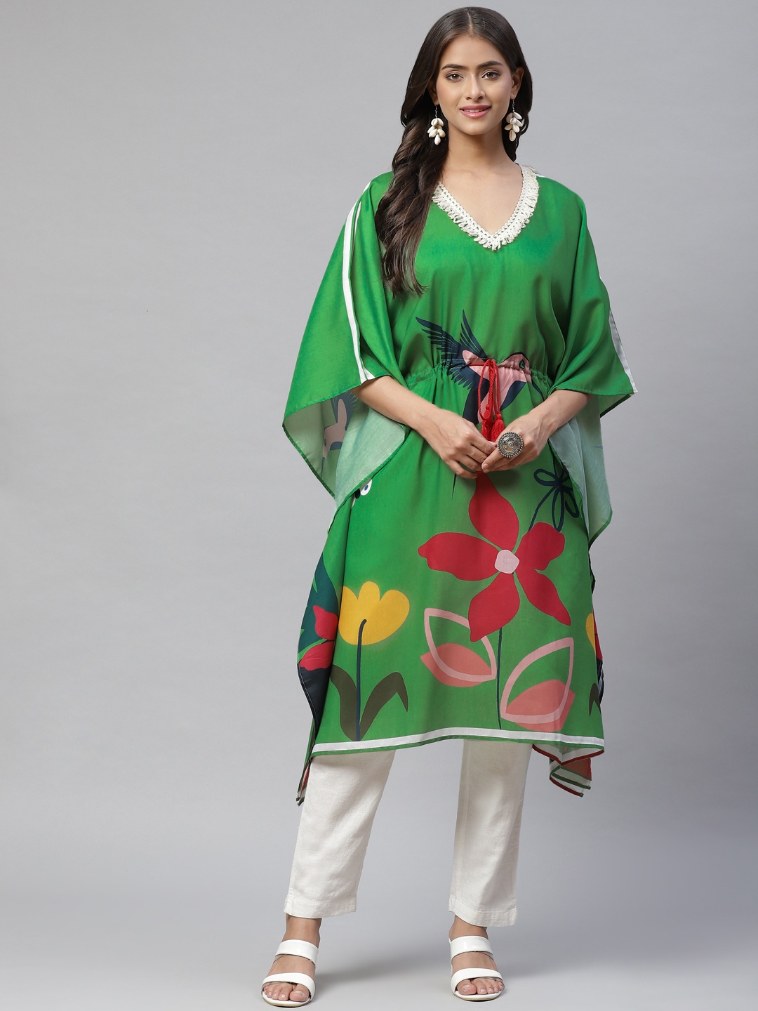 

YELLOW PARROT Women Green & Red Printed Kaftan Kurta
