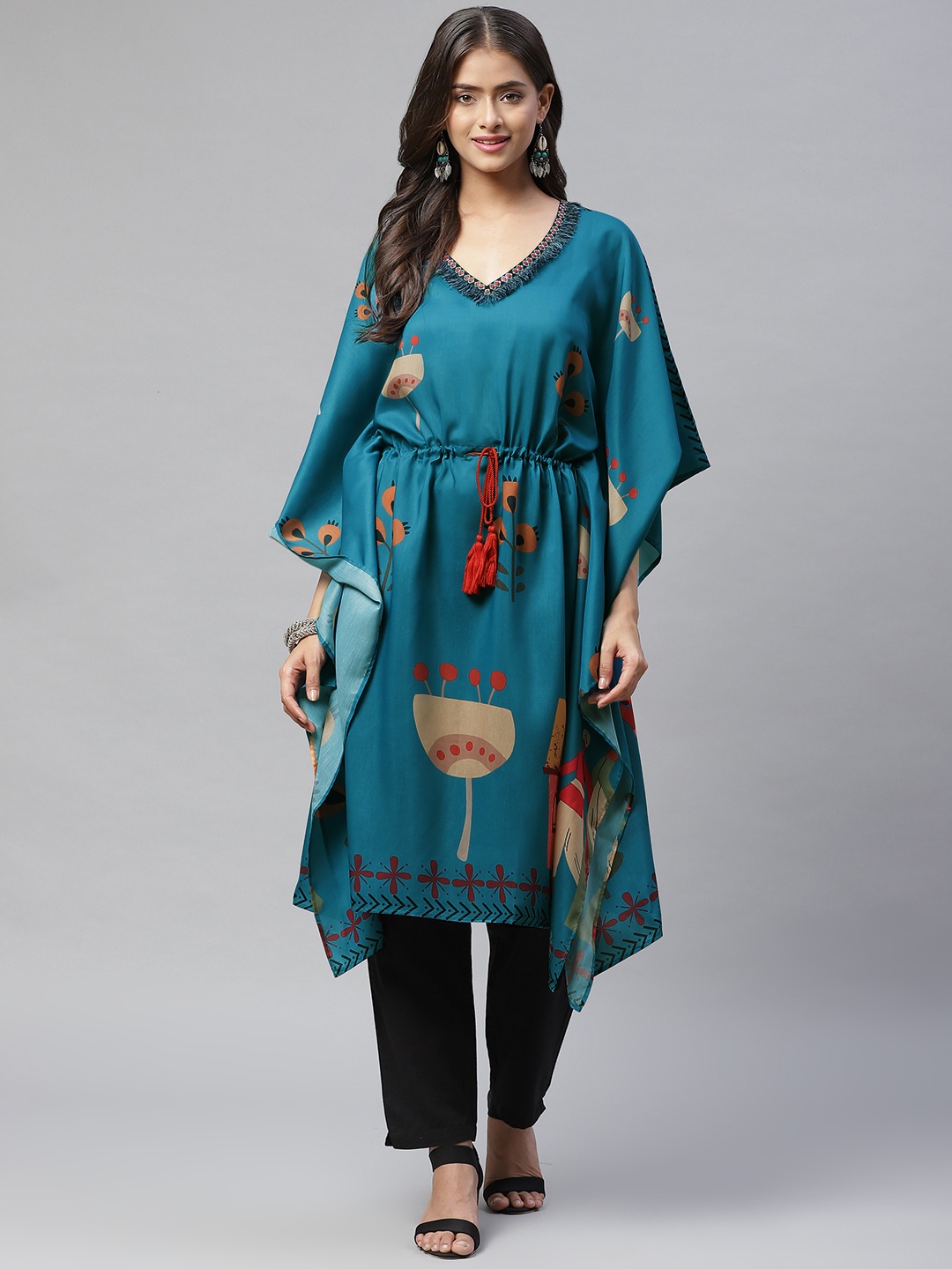 

YELLOW PARROT Women Turquoise Blue & Beige Printed Kaftan Kurta
