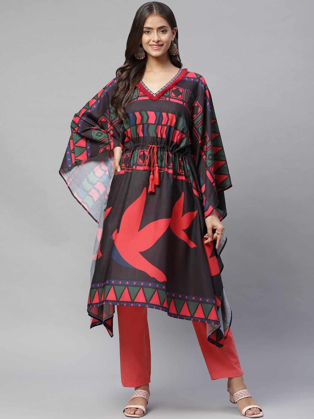 

YELLOW PARROT Women Black & Red Printed Kaftan Kurta