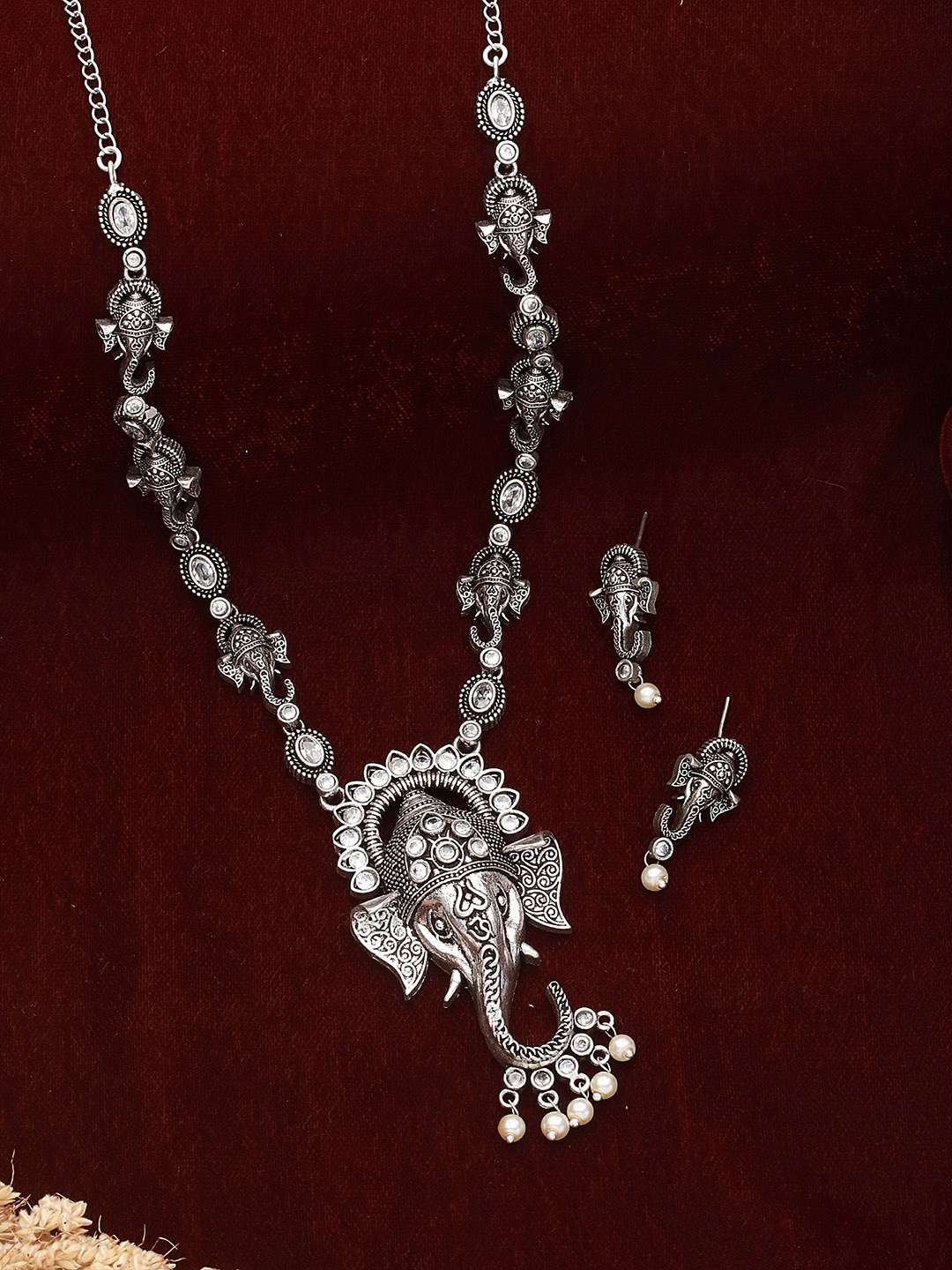 

Saraf RS Jewellery Silver-Plated Oxidised Lord Ganesha Jewellery Set