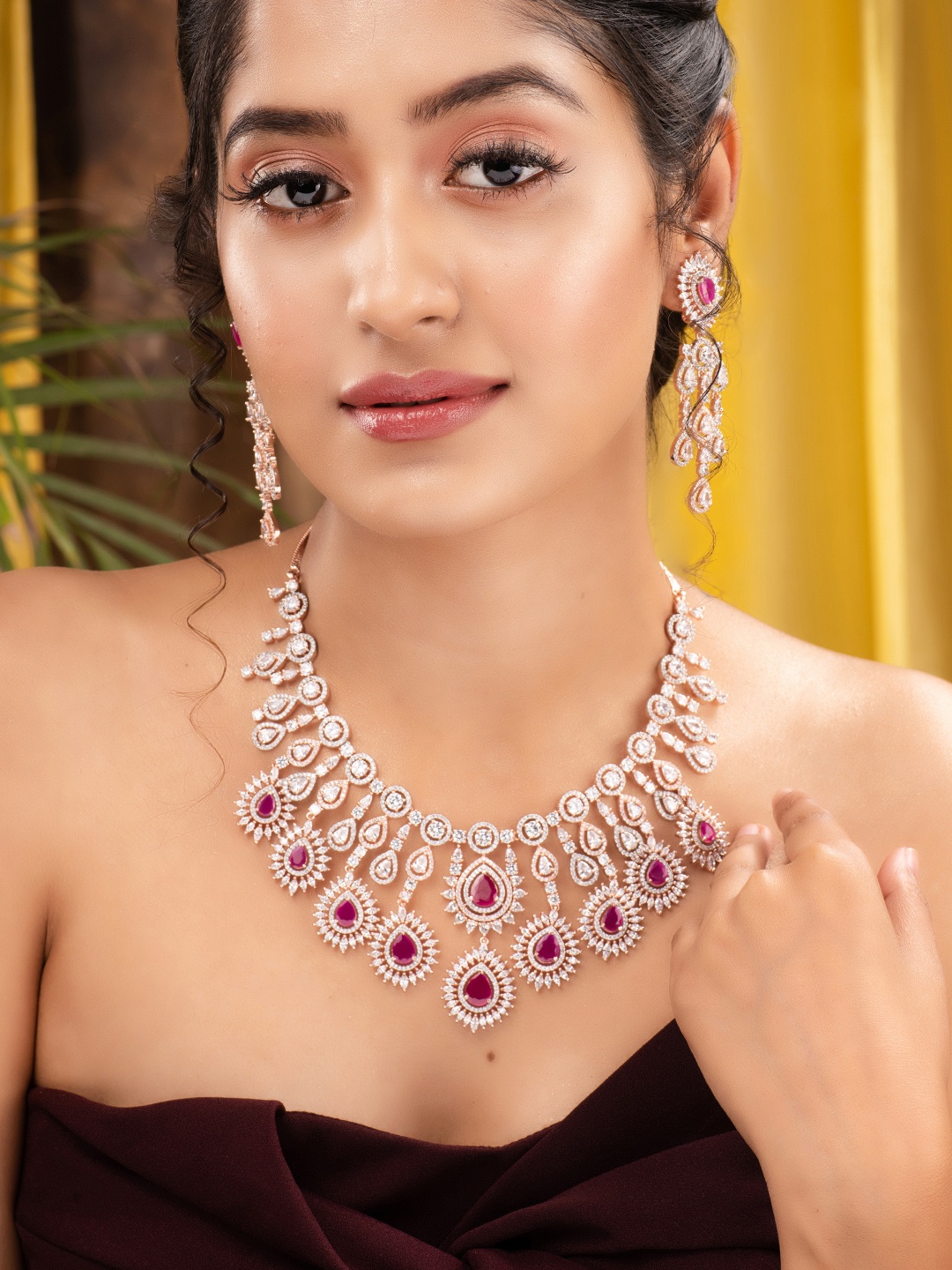 

Saraf RS Jewellery Rose Gold-Plated Pink & White AD-Studded Statement Jewellery Set