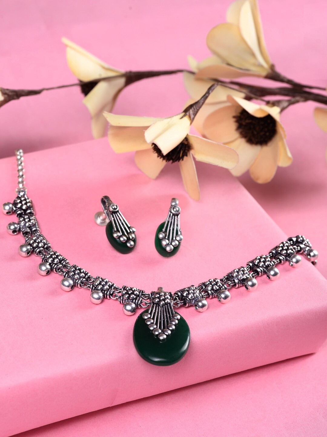 

Saraf RS Jewellery Green Oxidised German Silver Statement Necklace Jewellery Set