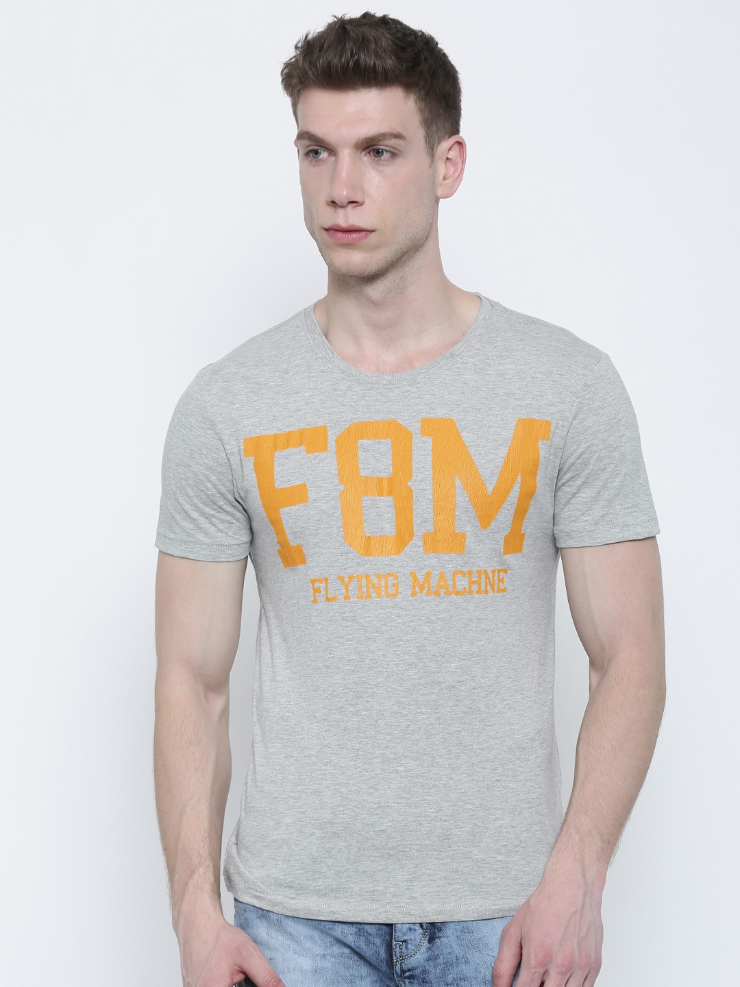 

Flying Machine Men Grey Melange Printed Pure Cotton T-shirt