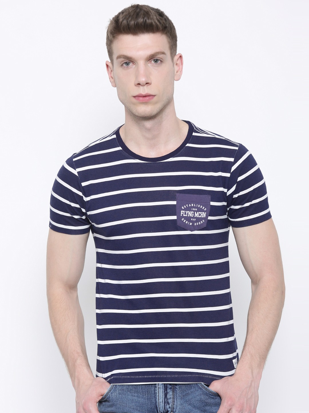 

Flying Machine Men Navy Blue Striped Pure Cotton T-shirt