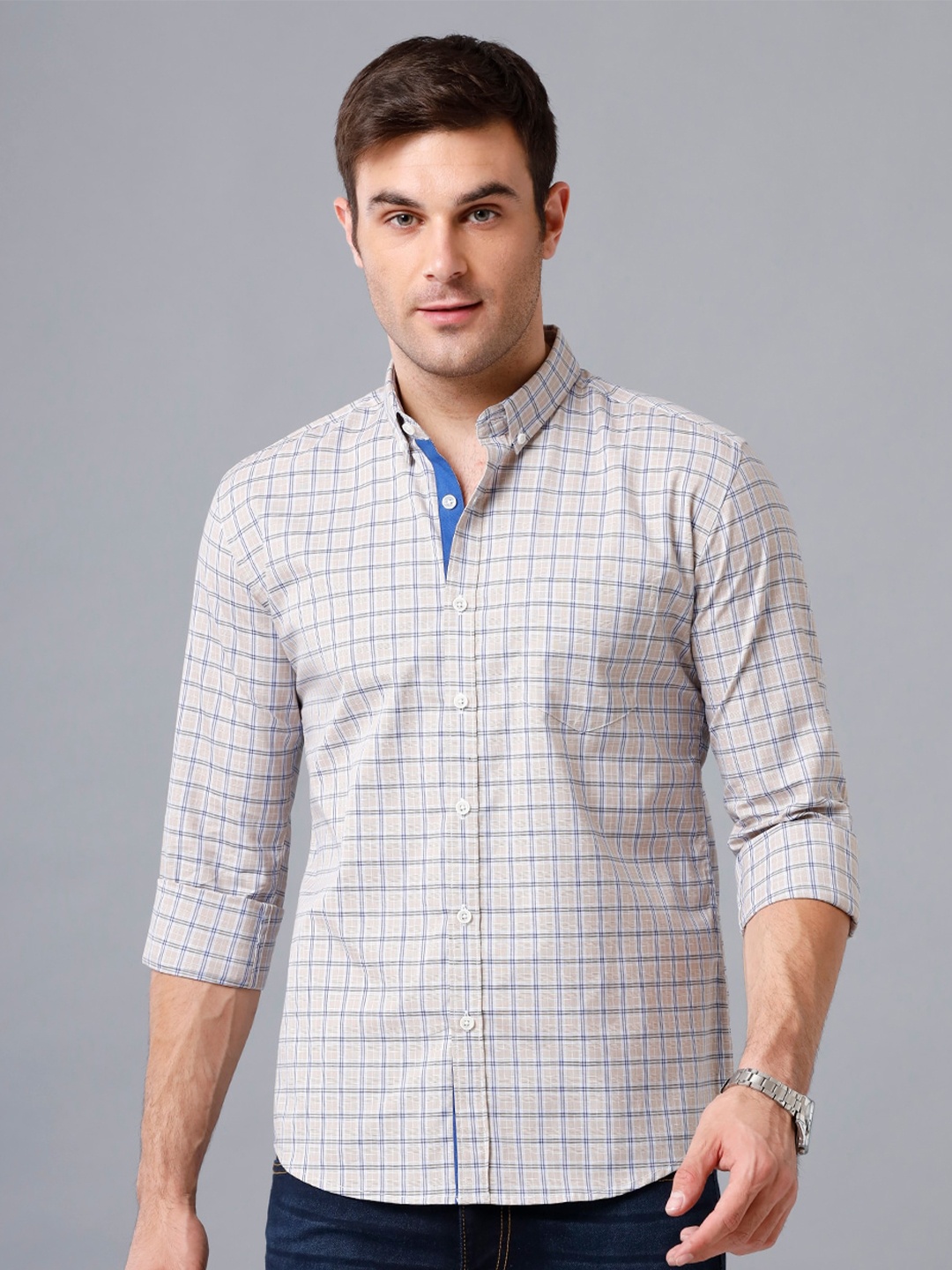 

YOVISH Men Off White & Blue Smart Slim Fit Checked Casual Shirt