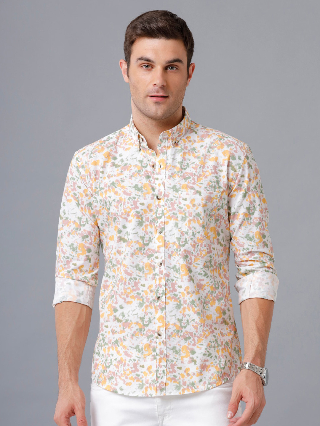 

YOVISH Men White & Peach Smart Slim Fit Printed Casual Shirt