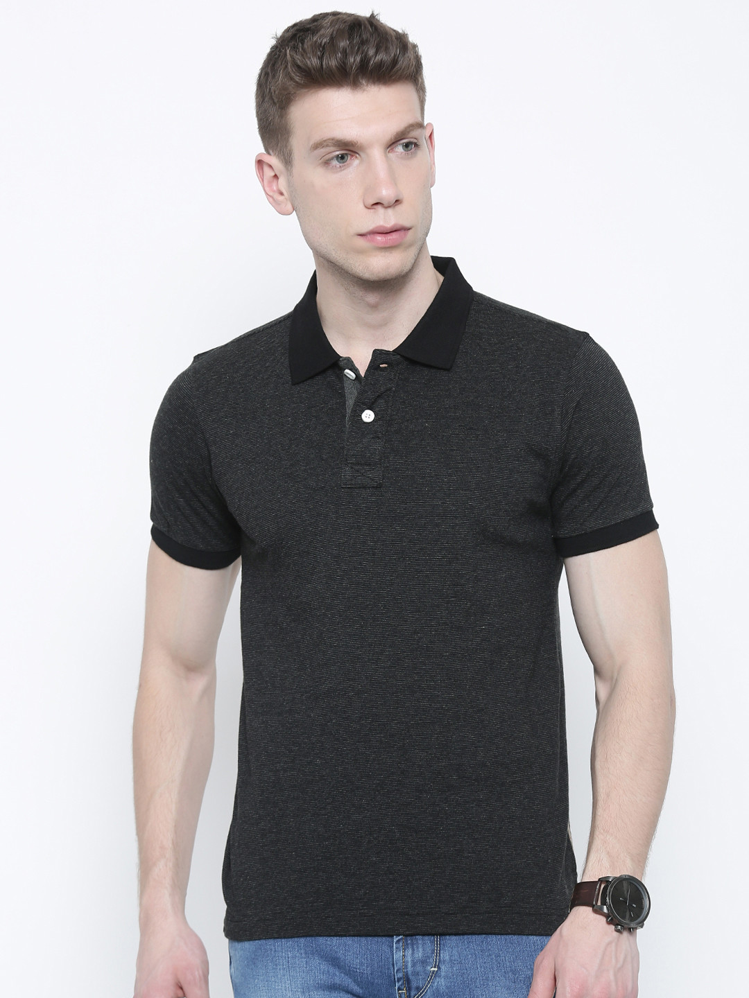 

Flying Machine Men Black Striped Polo Pure Cotton T-shirt