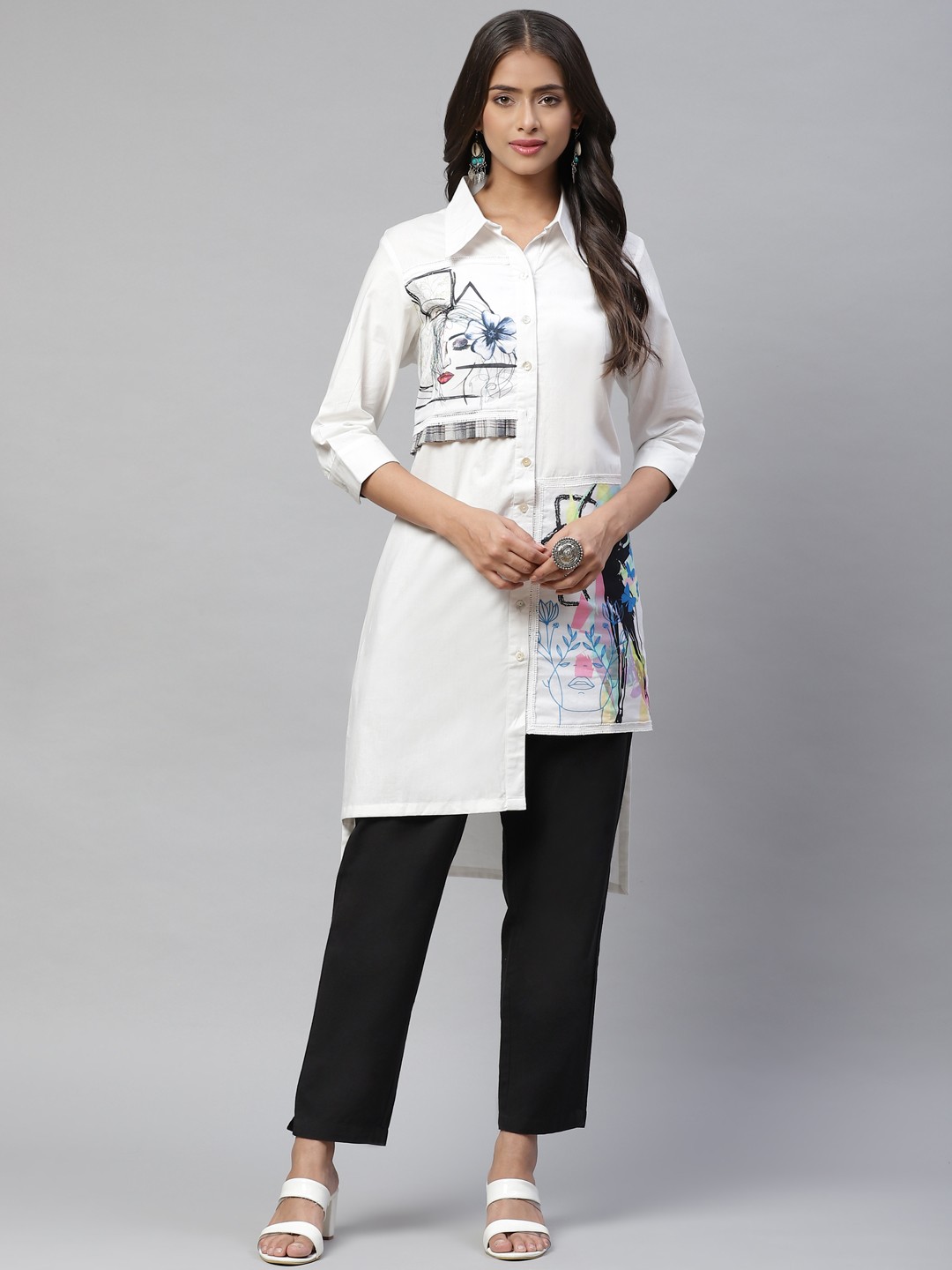

YELLOW PARROT Women White Boxy Printed Pure Cotton Casual Shirt