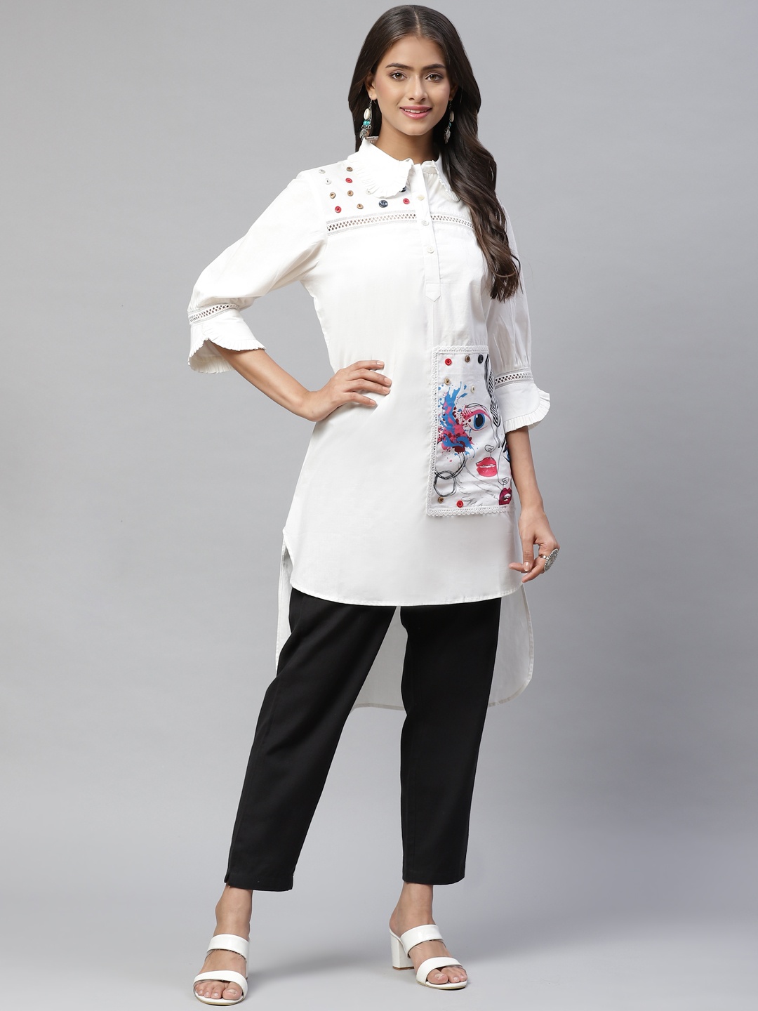 

YELLOW PARROT Women White Boxy Printed Pure Cotton Casual Shirt