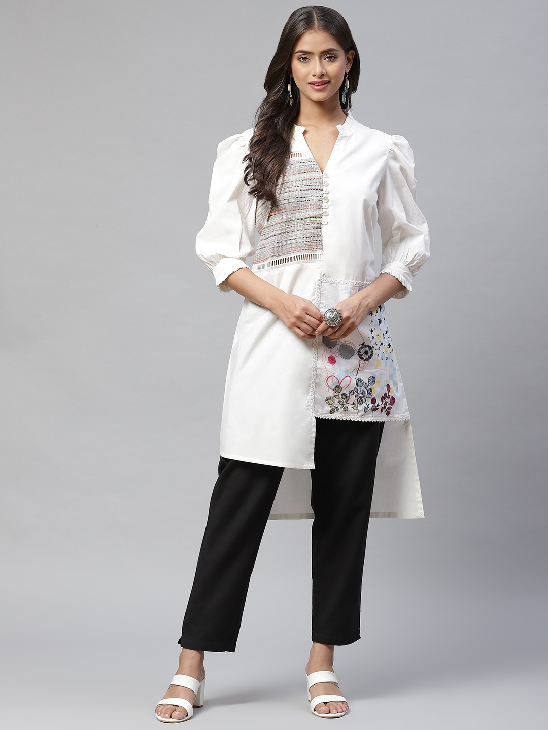 

YELLOW PARROT White & Black Embellished Pure Cotton Shirt Style Longline Top