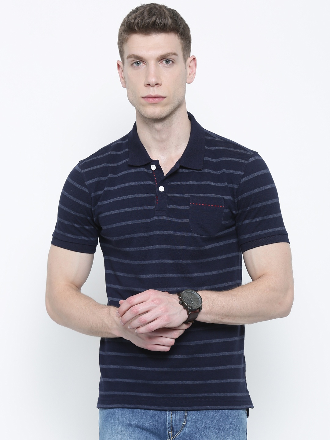 

Flying Machine Men Navy Striped Polo Pure Cotton T-shirt, Navy blue