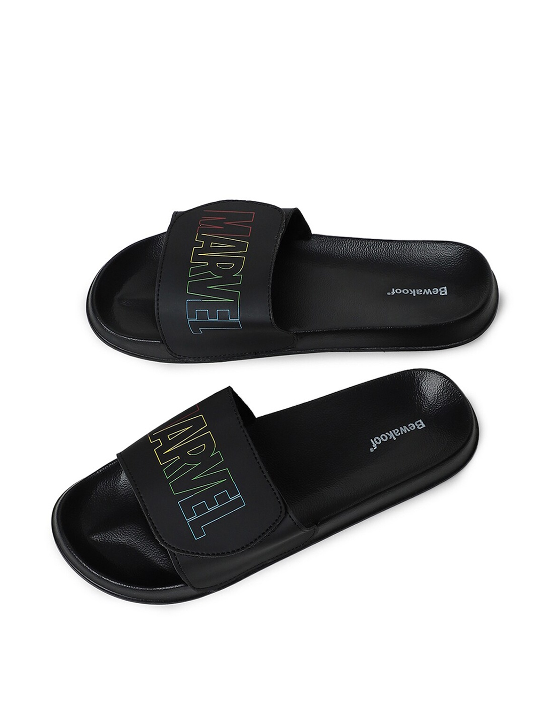 

Bewakoof Men Black & Multicoloured Printed Rubber Sliders