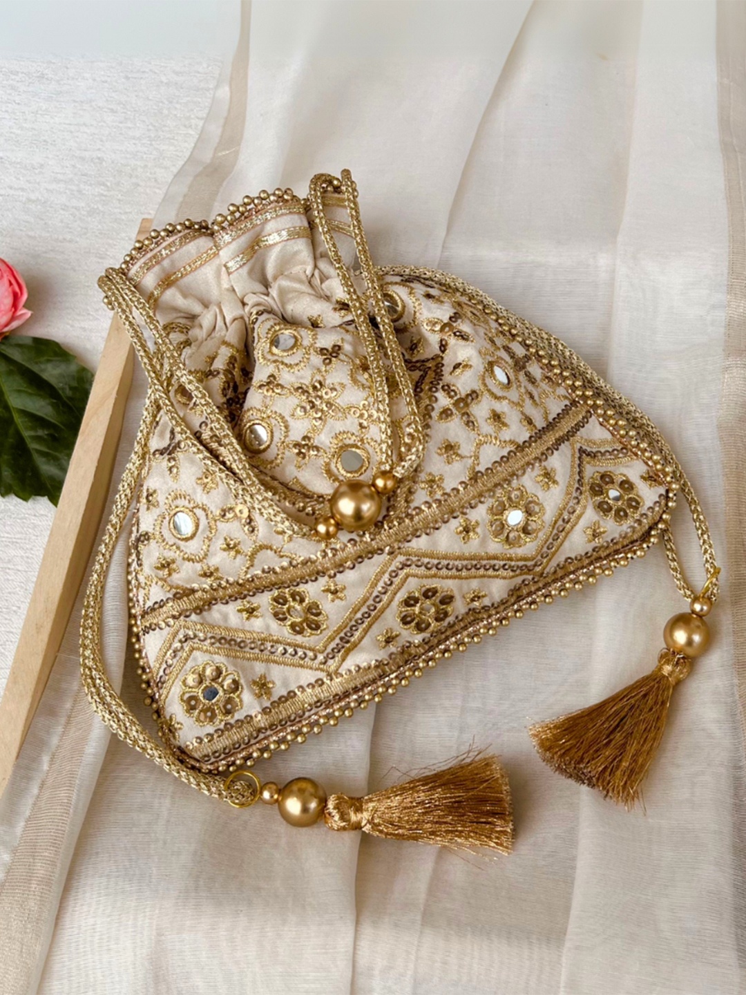 

MASQ Beige Embellished Embroidered Potli Clutch