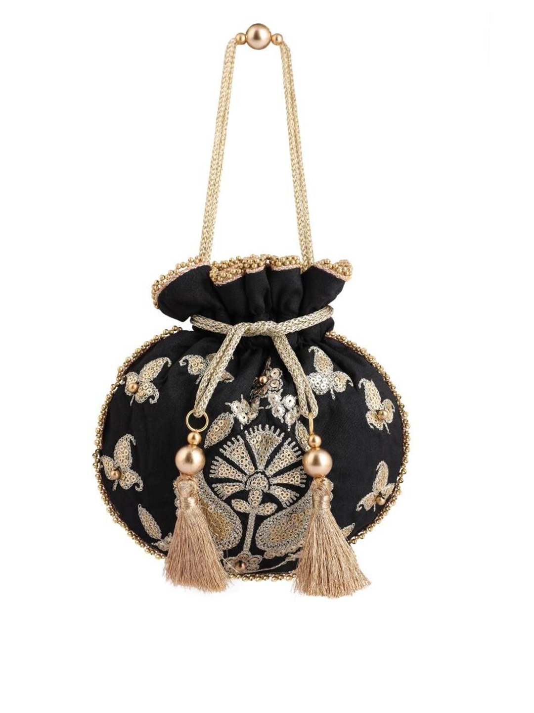

MASQ Black & Gold-Toned Embellished Embroidered Potli Clutch