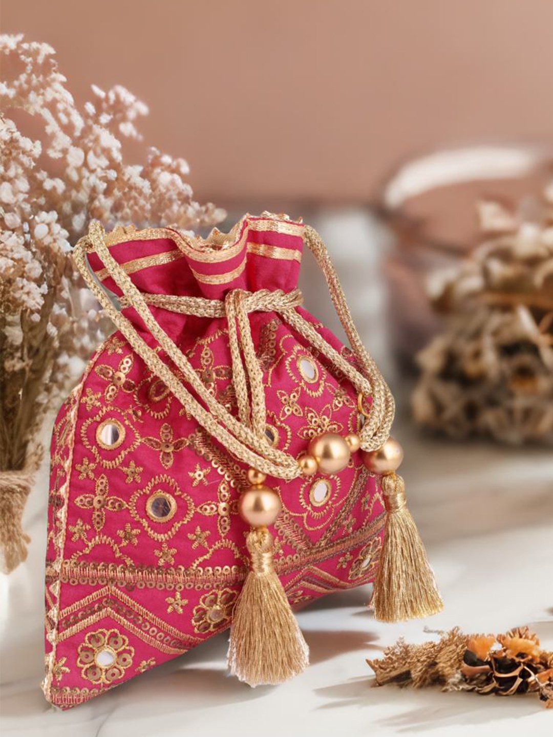

MASQ Pink & Gold-Toned Embellished Embroidered Potli Clutch
