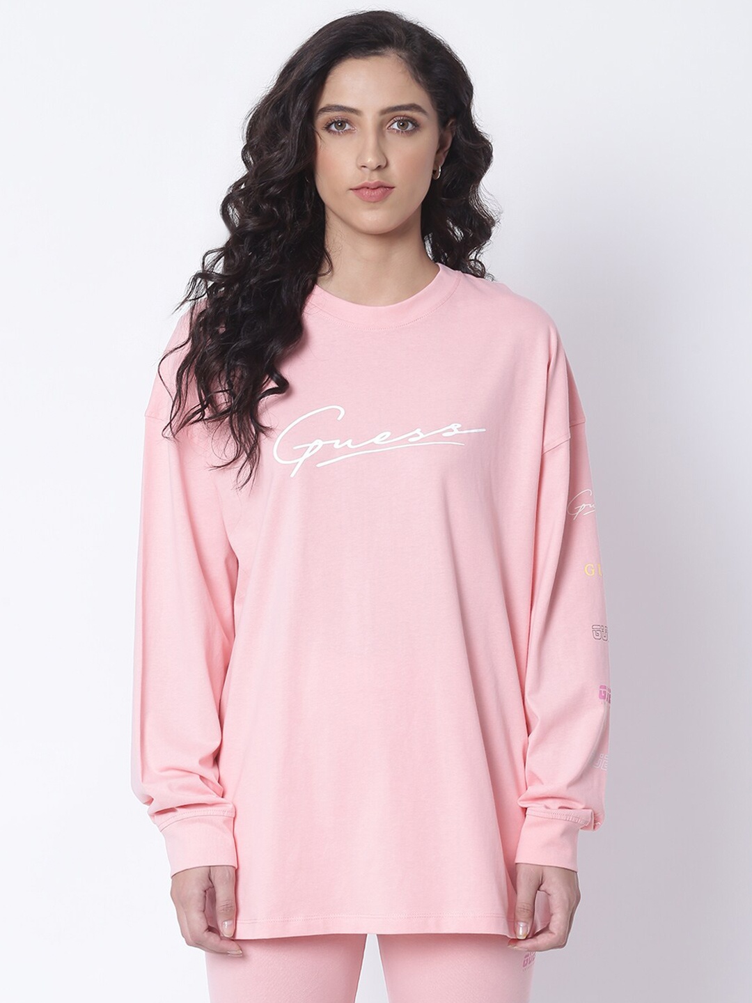 

GUESS Women Pink Typography Printed Extended Sleeves T-shirt