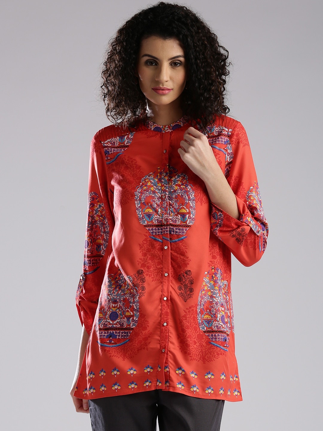 

W Women Coral Orange Printed Shirt Style Top